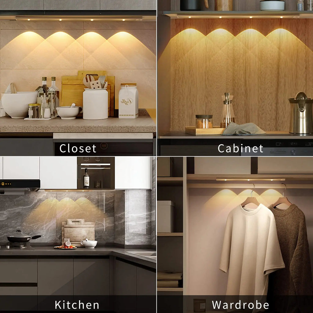 Wireless Ultra Thin Motion Sensor LED Cabinet Light Dimmable Lamp USB Rechargeable 3 Colors for Kitchen Wardrobe Bedroom Stairs