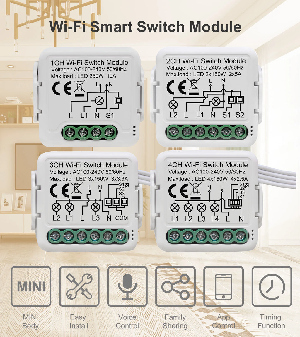 Tuya Wifi Smart Switch Module Supports 2 Way Control, App Remote Control DIY Light Breaker 100-240V Work with Alexa Google Home