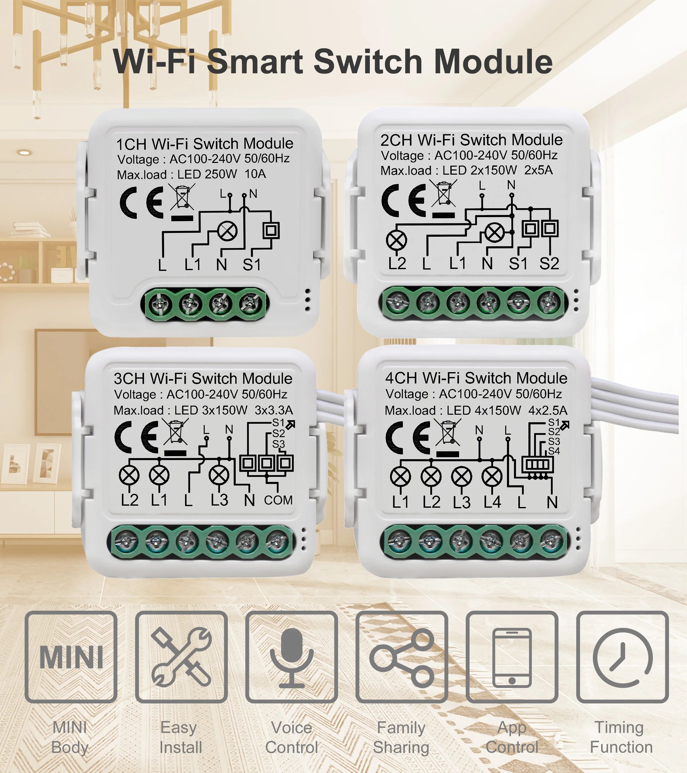 Tuya Wifi Smart Switch Module Supports 2 Way Control, App Remote Control DIY Light Breaker 100-240V Work with Alexa Google Home