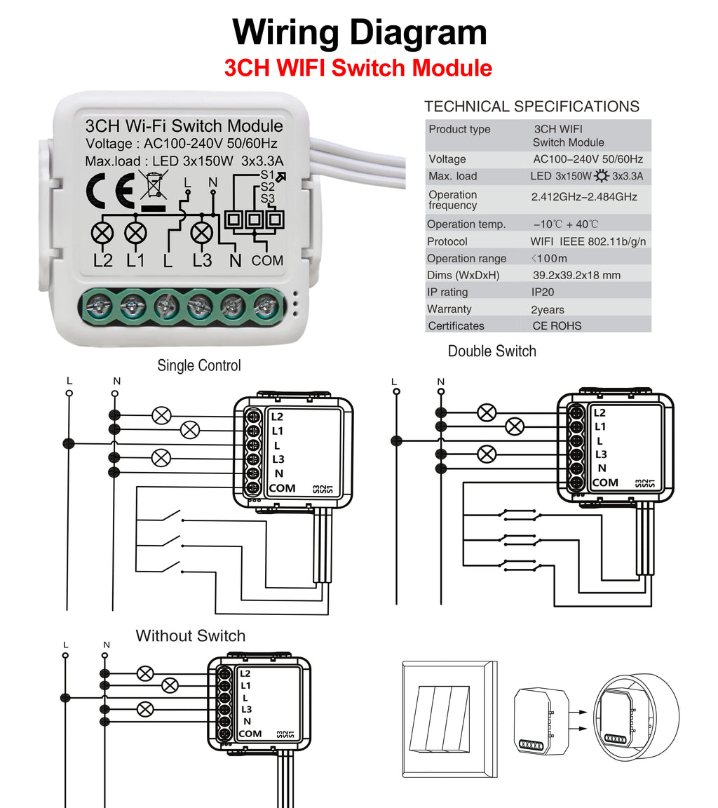 Tuya Wifi Smart Switch Module Supports 2 Way Control, App Remote Control DIY Light Breaker 100-240V Work with Alexa Google Home