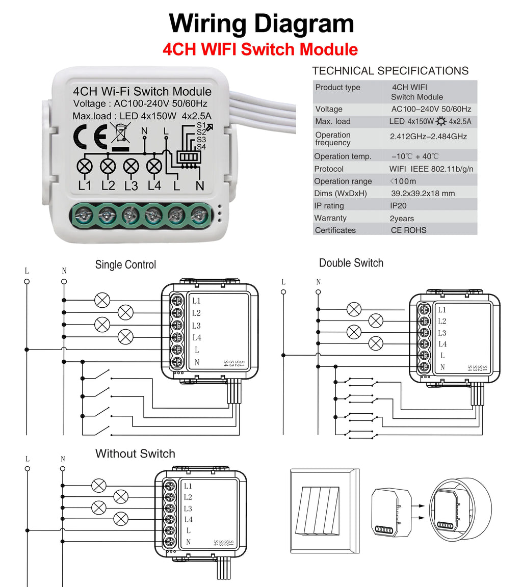 Tuya Wifi Smart Switch Module Supports 2 Way Control, App Remote Control DIY Light Breaker 100-240V Work with Alexa Google Home