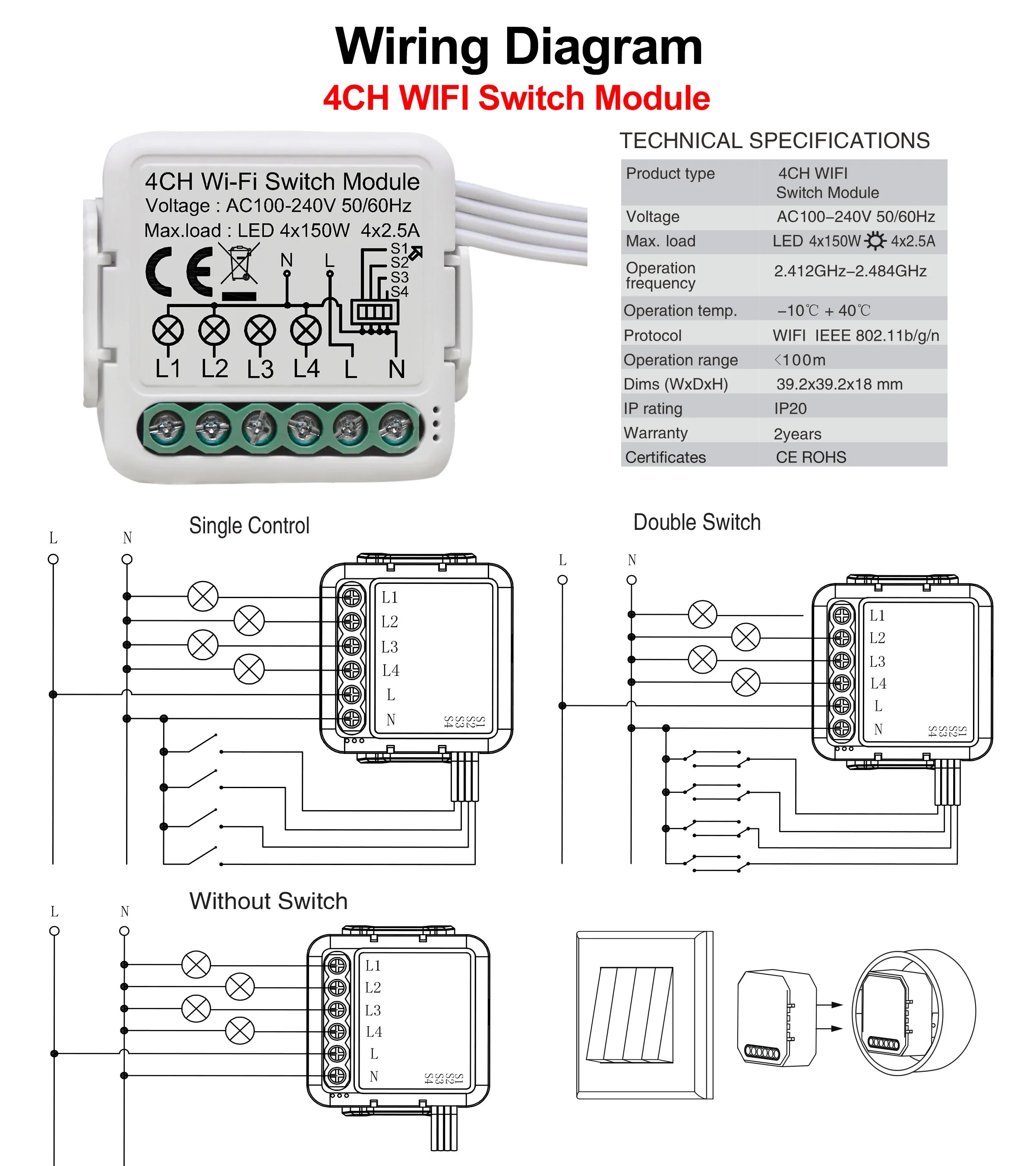 Tuya Wifi Smart Switch Module Supports 2 Way Control, App Remote Control DIY Light Breaker 100-240V Work with Alexa Google Home