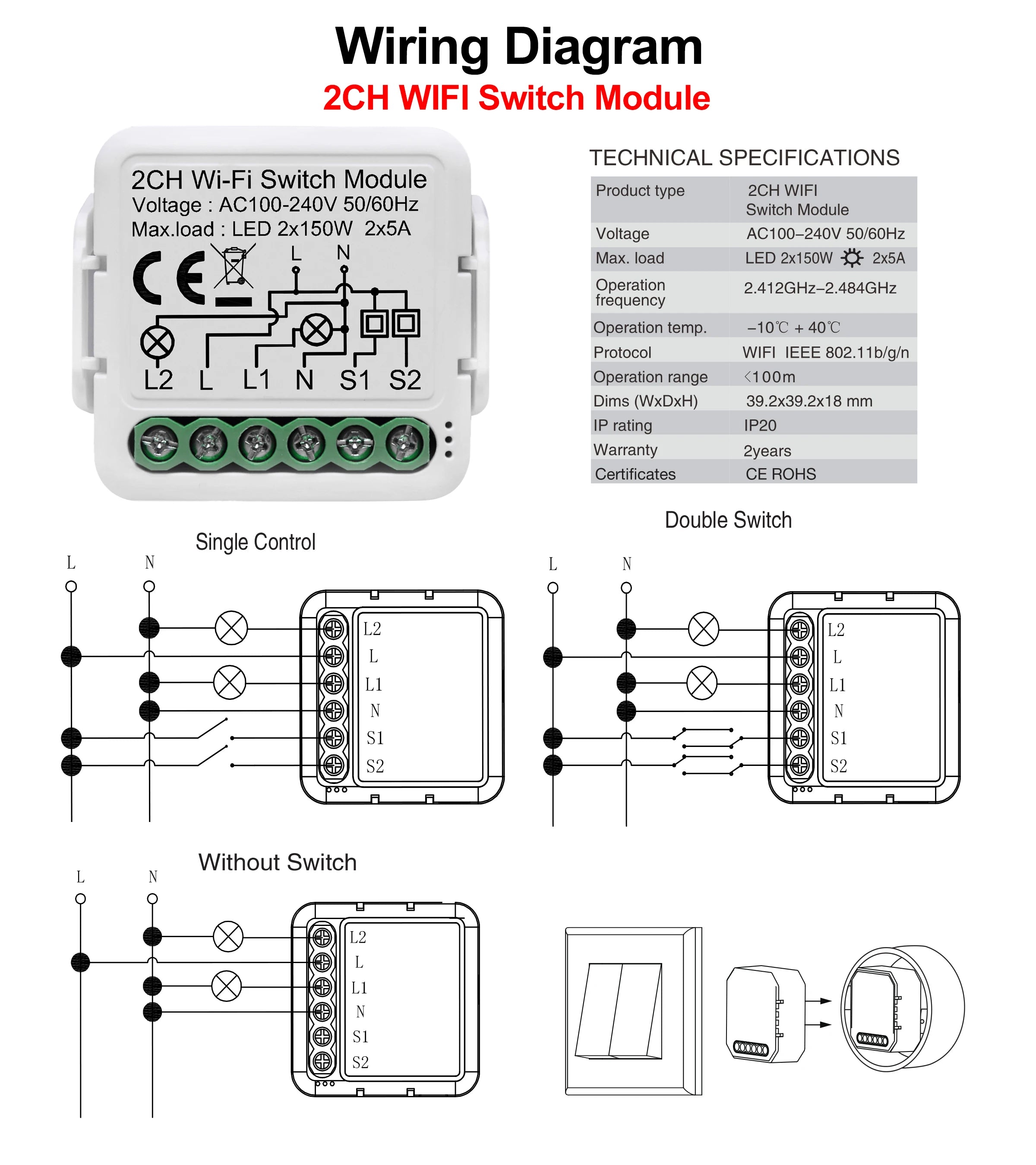 Tuya Wifi Smart Switch Module Supports 2 Way Control, App Remote Control DIY Light Breaker 100-240V Work with Alexa Google Home