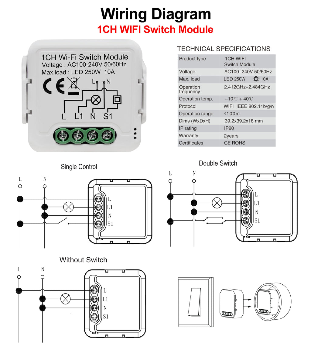 Tuya Wifi Smart Switch Module Supports 2 Way Control, App Remote Control DIY Light Breaker 100-240V Work with Alexa Google Home