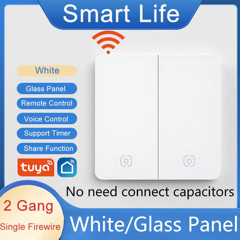 Tuya Smart WiFi Smart Light Switches glass panel No Neutral Wire No capacitor required Remote control Support Alexa Google Home