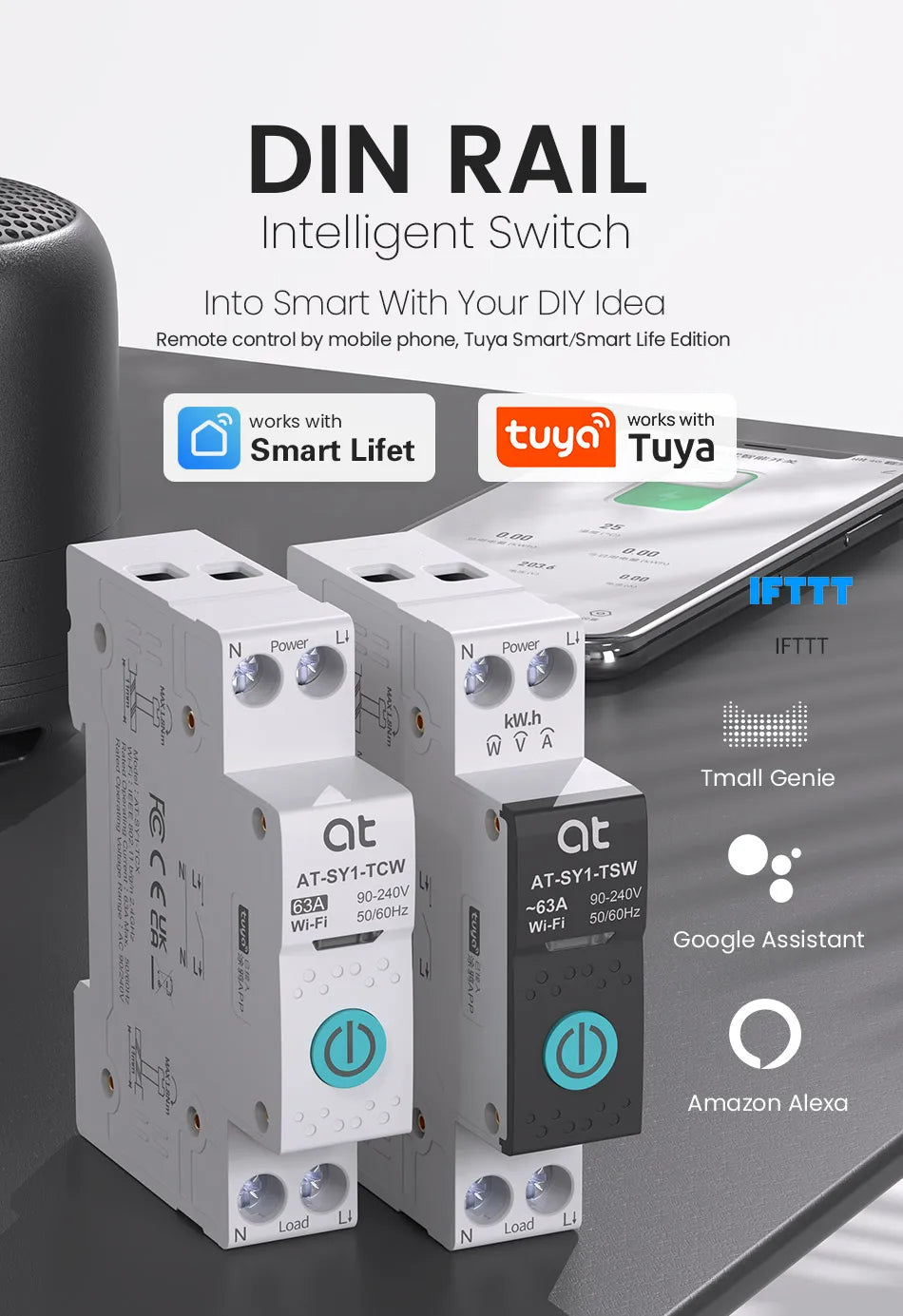Tuya WiFi Circuit Breaker Smart 1P+N 63A  MCB Timer Power Energy kWh Voltage Current Meter Protector Voice Remote Control Switch