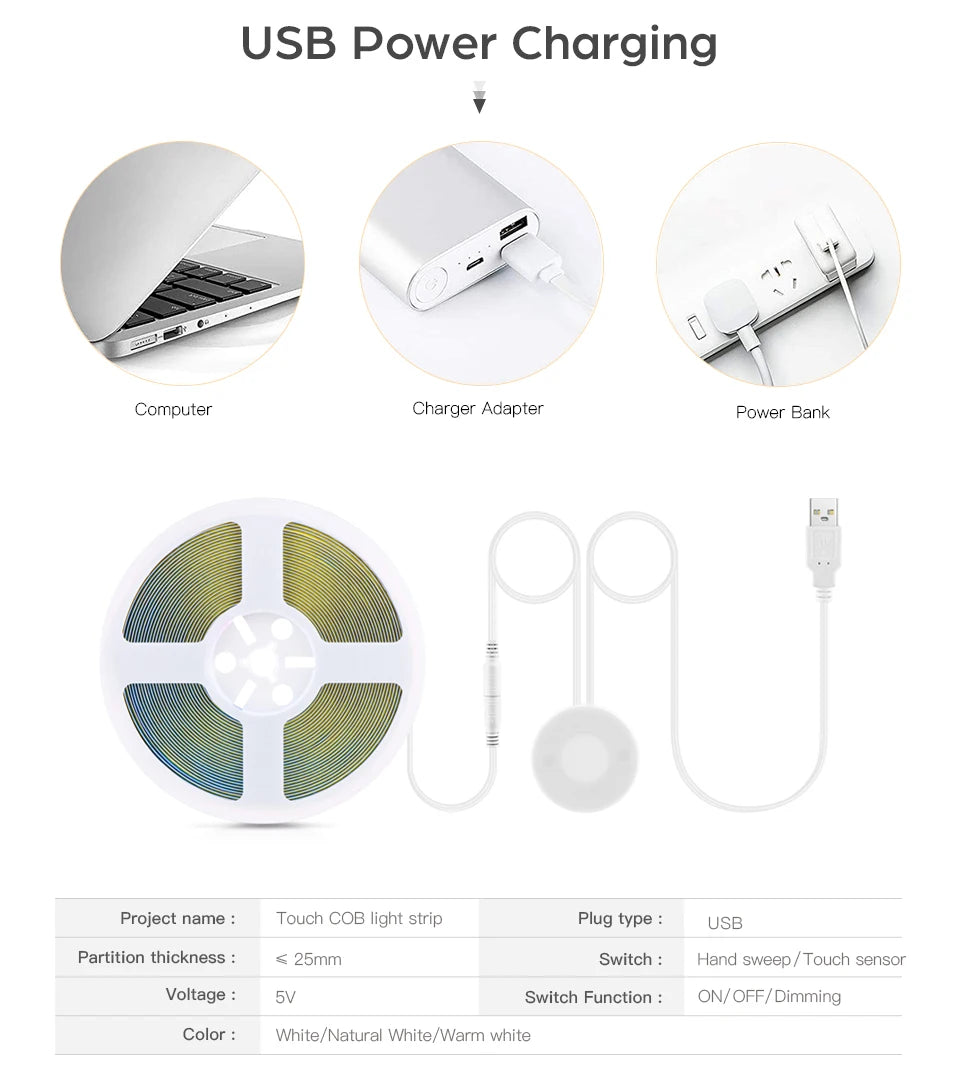 Super Bright USB COB LED Strip Light 320leds/m DC 5V with Hand Scan Dimmable Touch Sensor Switch 1m 2m 3m 4m 5m led licht