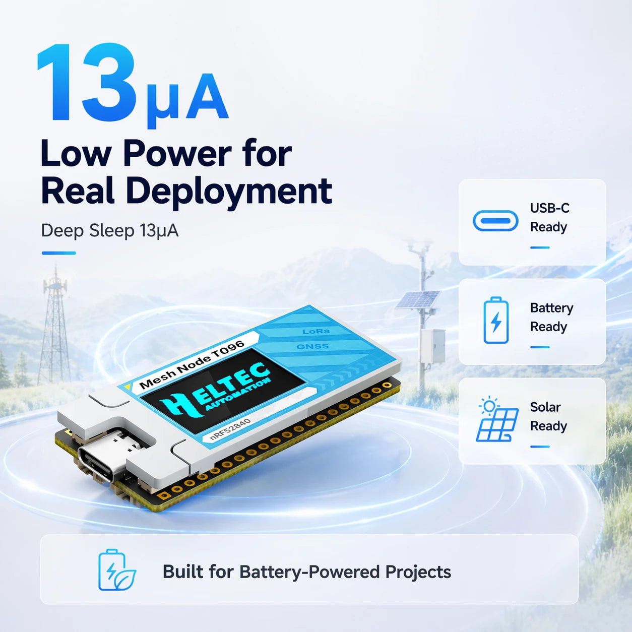 Heltec Mesh Node T096 NRF52840 LoRa Meshtastic Node13uA Ultra-Low Power SX1262 UC6580 Dual-Band GNSS Module Arduino Meshcore