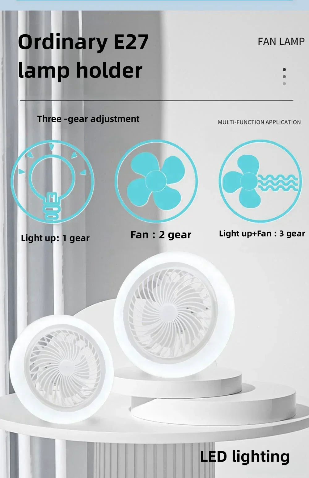 Smart 3 In 1 Ceiling Fan With Remote Control Lighting E27 Conversion Base 85-265v Lighting Base Suitable for Bedroom and Living