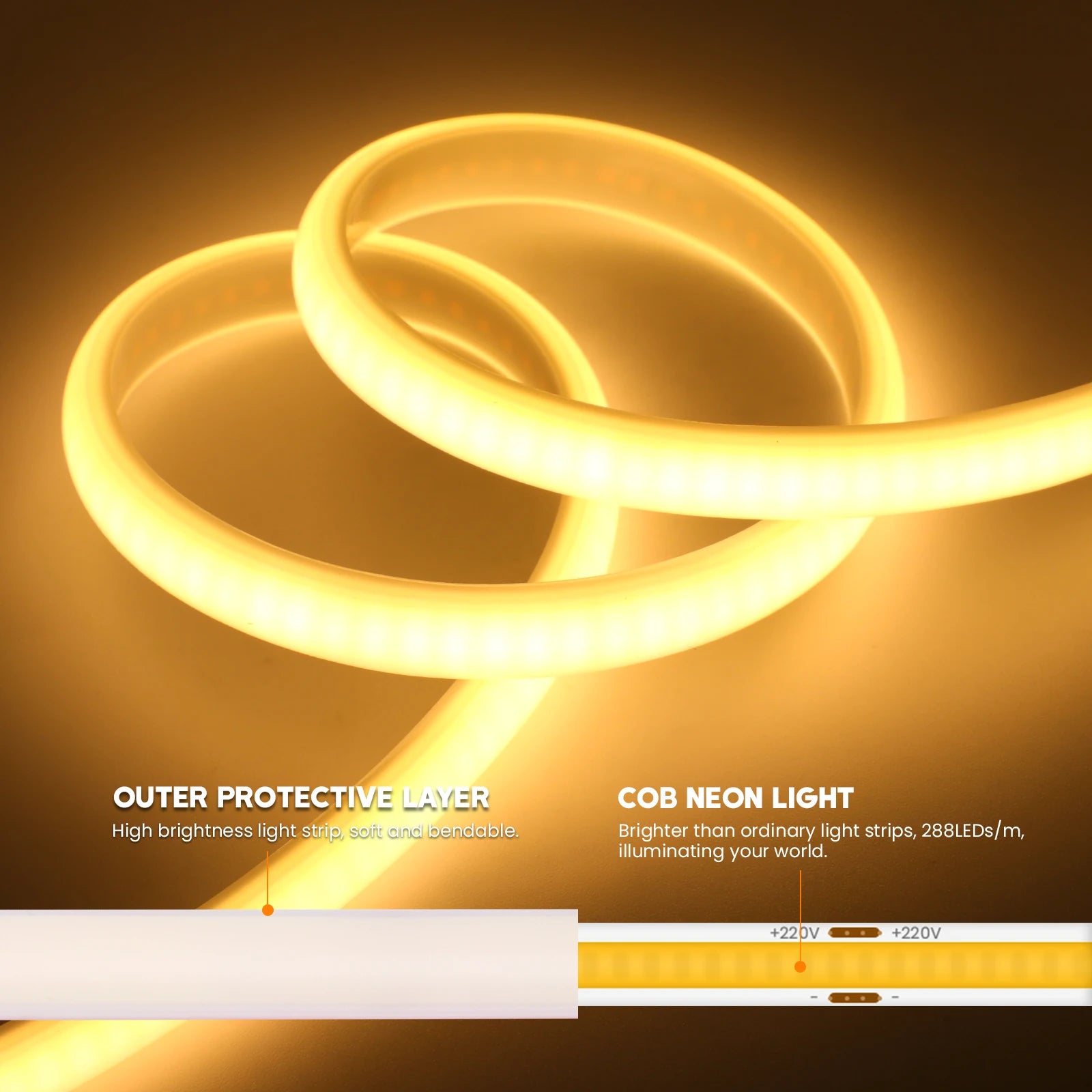 220V Smart COB Strip LED Neon Light 10M 20M 30M 288Leds/m WIFI Bluetooth Dimmable Tape IP67 Waterproof Rope For Room Outdoor