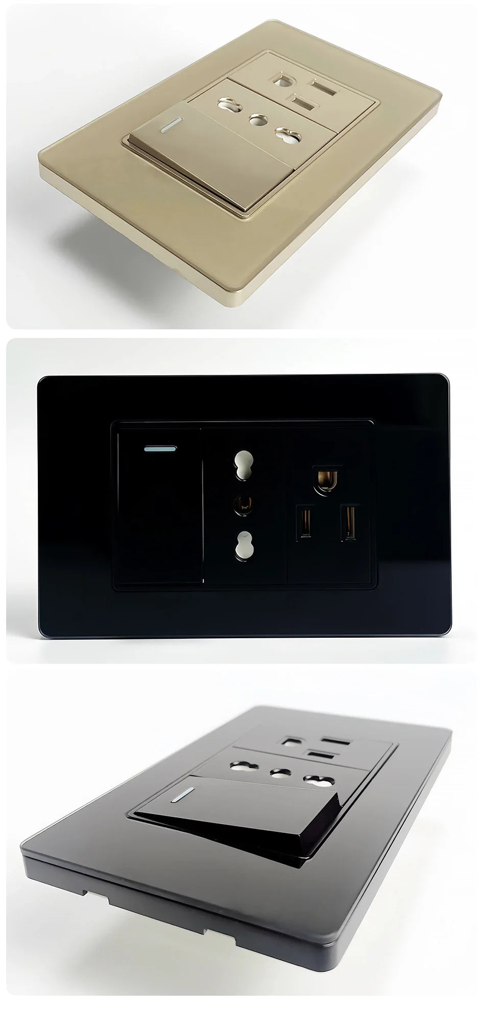 DIY Modular Tempered Glass Wall Plate2x4inch NEMA 5-15R Duplex Outlet US EU Italy Chile Interchangeable Electrical Socket Module