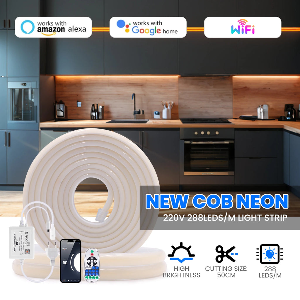 220V Smart COB Strip LED Neon Light 10M 20M 30M 288Leds/m WIFI Bluetooth Dimmable Tape IP67 Waterproof Rope For Room Outdoor