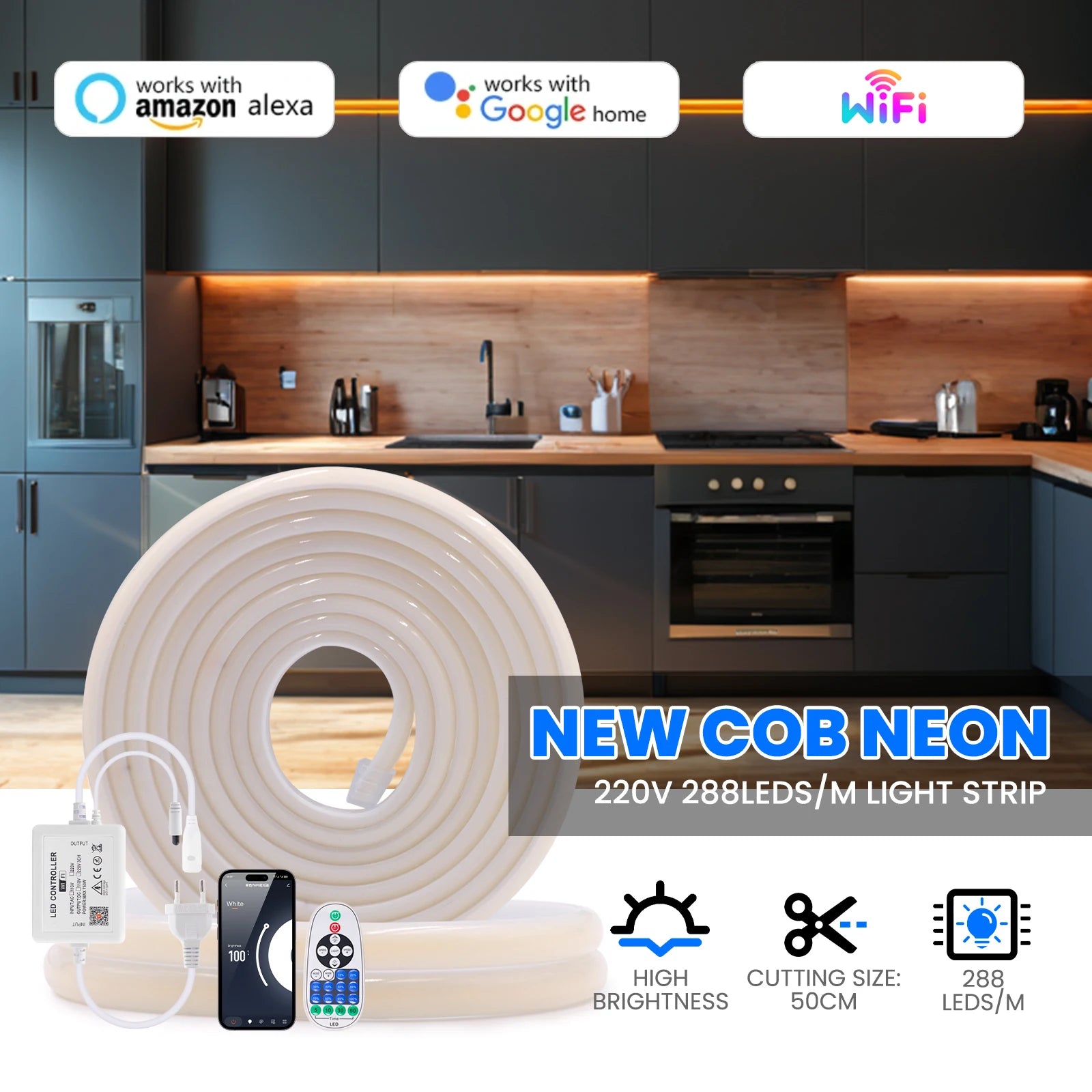 220V Smart COB Strip LED Neon Light 10M 20M 30M 288Leds/m WIFI Bluetooth Dimmable Tape IP67 Waterproof Rope For Room Outdoor