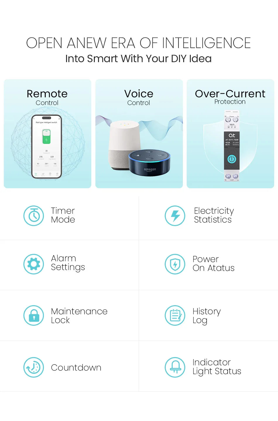 Tuya WiFi Smart Circuit Breaker 1P+N MCB 63A Timer Power Energy kWh Voltage Current Meter Protector Voice Remote Control Switch
