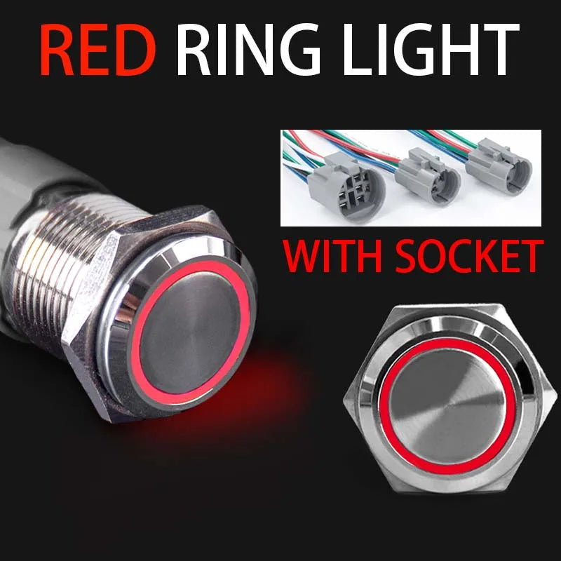 16 19 22mm With Wire Waterproof Metal Push Button Switch LED Ring/Power Light Momentary Latching 5/12/24/220V silver1NO1NC