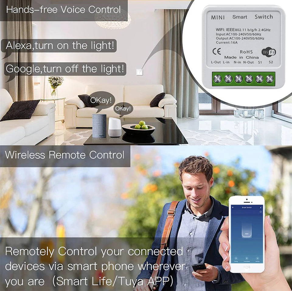 16A 20A Tuya WiFi Smart Switch 2-way Control Mini Smart Breaker Work With Smart Life Alexa Google Home Alice