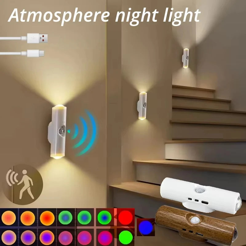 Smart RGB Double-head Wall Light Motion Sensor Magnetic Night Light Rechargeable Spotlight for Bedroom Closet Garden Room Decor