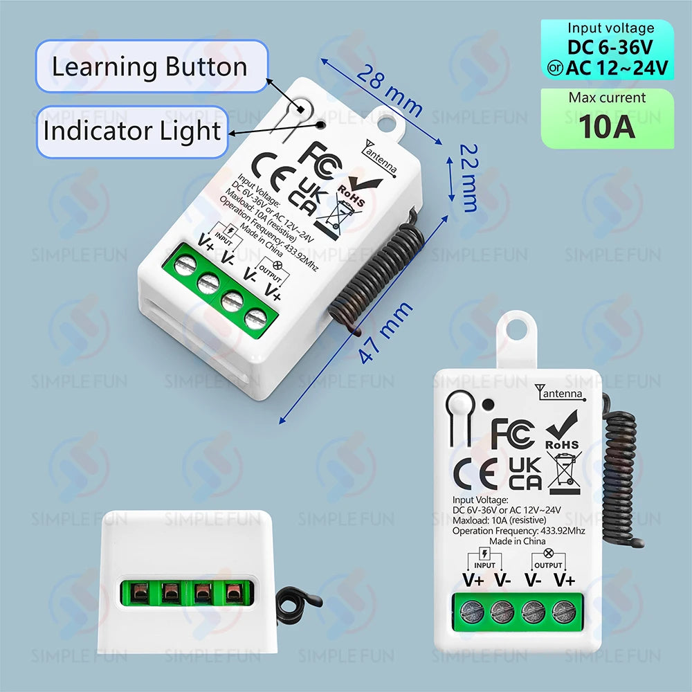 433Mhz Wireless Remote Control Light Switch DC 6V 12V 24V 30V 36V 10A Relay Receiver 500m Range,for LED Pumps Fan Magnetic Lock