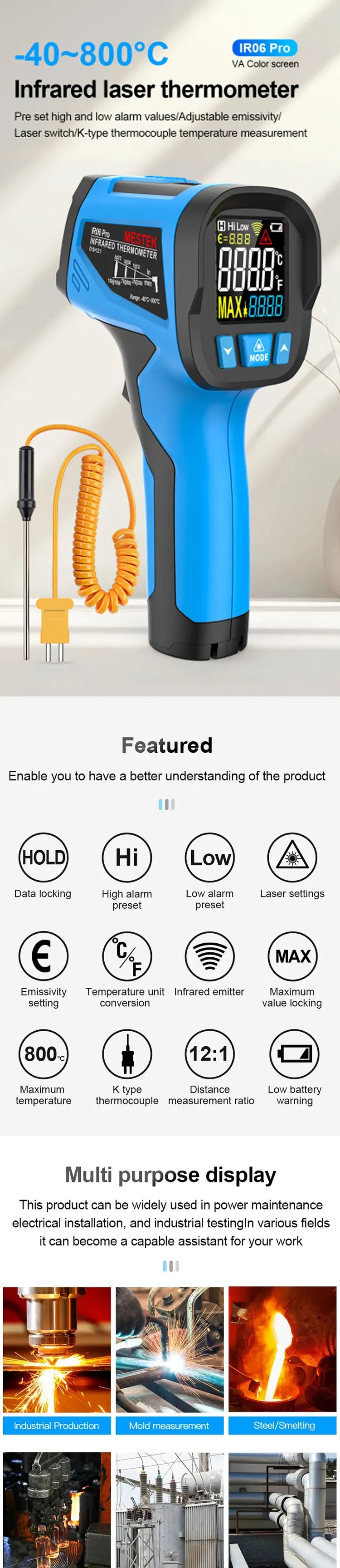 -50 to 800 Degree Mestek Digital Infrared Thermometer Laser Temperature Meter Non-contact Pyrometer Hygrometer IR Thermometer
