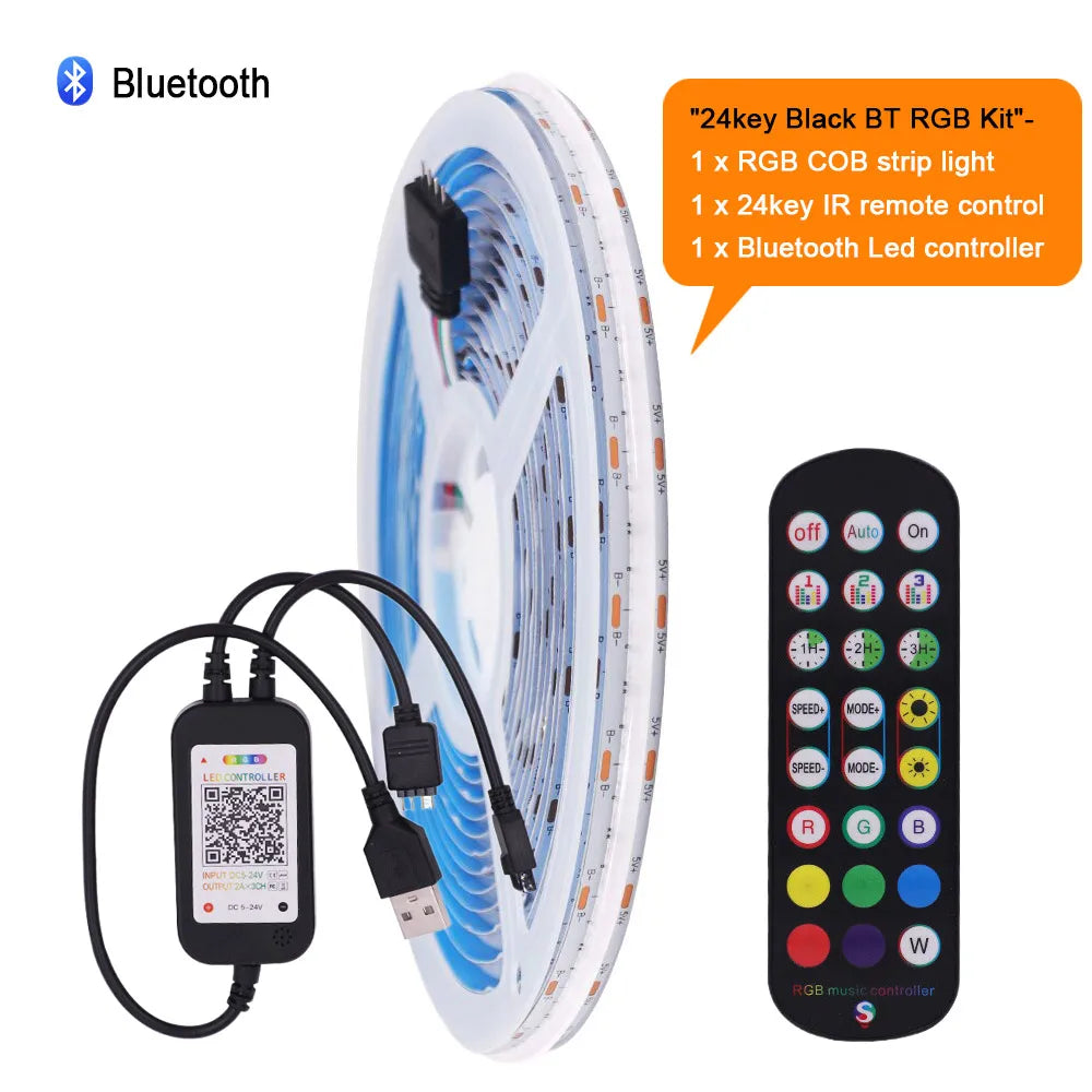 Wifi Bluetooth-compatible RGB COB LED Strip Light 5V 24key 44key Kit Remote Control 576LED High Density Linear Lights Flex Tape