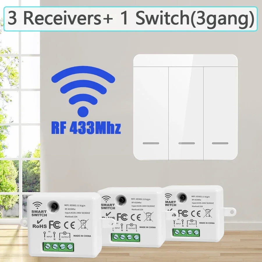 Wireless Light Wall Switch Relay Receiver RF 433Mhz 10A 110V 220V 1/2/3Gang Panel Switch Remote Control Interruptor for LED Lamp