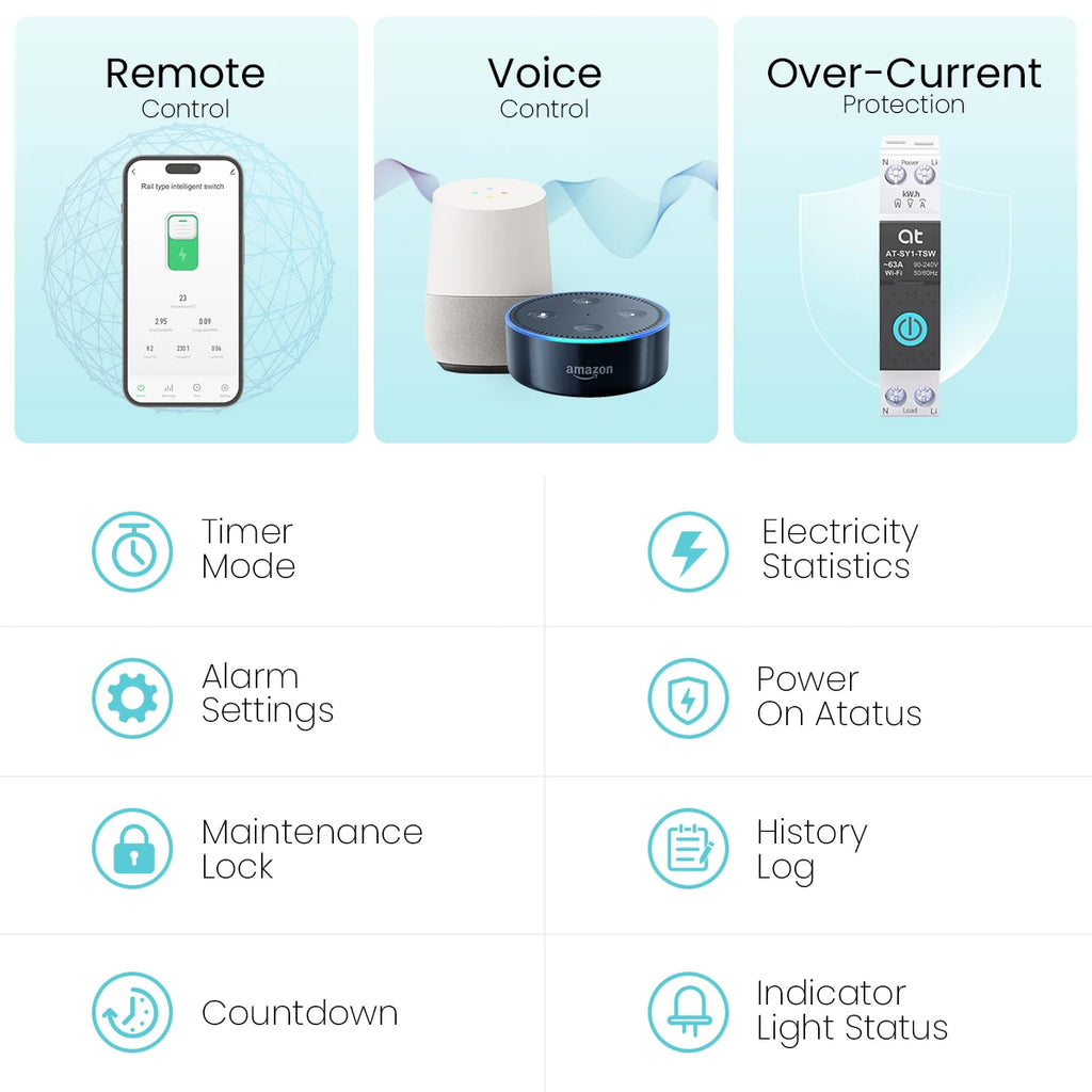 Tuya WiFi Circuit Breaker Smart 1P+N 63A  MCB Timer Power Energy kWh Voltage Current Meter Protector Voice Remote Control Switch