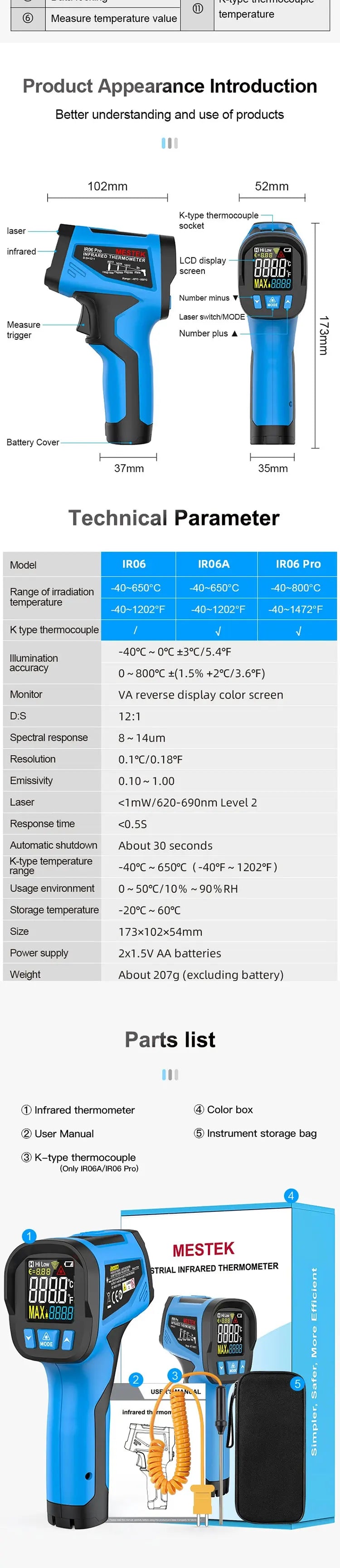 -50 to 800 Degree Mestek Digital Infrared Thermometer Laser Temperature Meter Non-contact Pyrometer Hygrometer IR Thermometer