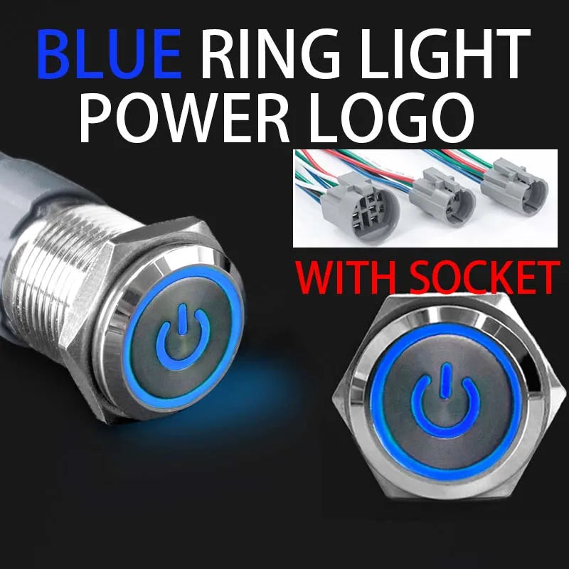 16 19 22mm With Wire Waterproof Metal Push Button Switch LED Ring/Power Light Momentary Latching 5/12/24/220V silver1NO1NC