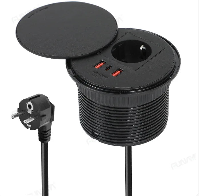 FUNAYA Embedded Circular Desktop Socket EU SG UK Plug with USB TYPE-C Charging Built-in Desk Countertop Table Extension Outlets