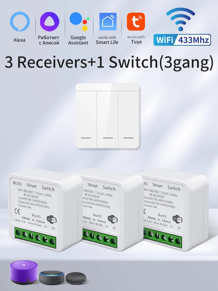 Tuya Smart WiFi Switch RF 433MHz Wireless Light Switch 1/2/3Gang Wall Switch Smart Life APP Voice Control With Alexa Google Home