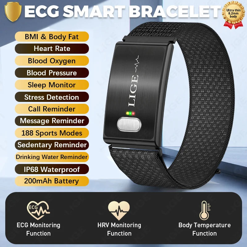 LIGE 2026 ECG+PPG Nursing Grade Smart Bracelet HRV Body Fat BMI Blood Pressure Body Temperature Men Women Health Sports Watches