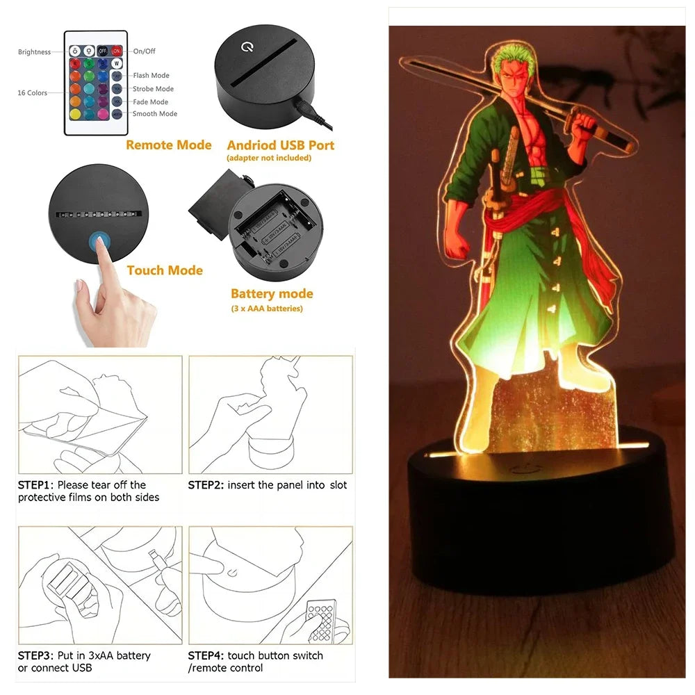 LED Night Light Anime Figure One Piece Luffy Zoro Figures Lamp PVC Action Collection Bedside Table Decoration Kid Christmas Gift
