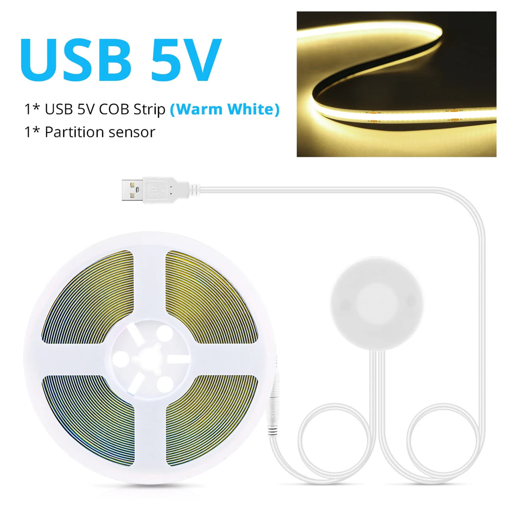 Super Bright USB COB LED Strip Light 320leds/m DC 5V with Hand Scan Dimmable Touch Sensor Switch 1m 2m 3m 4m 5m led licht