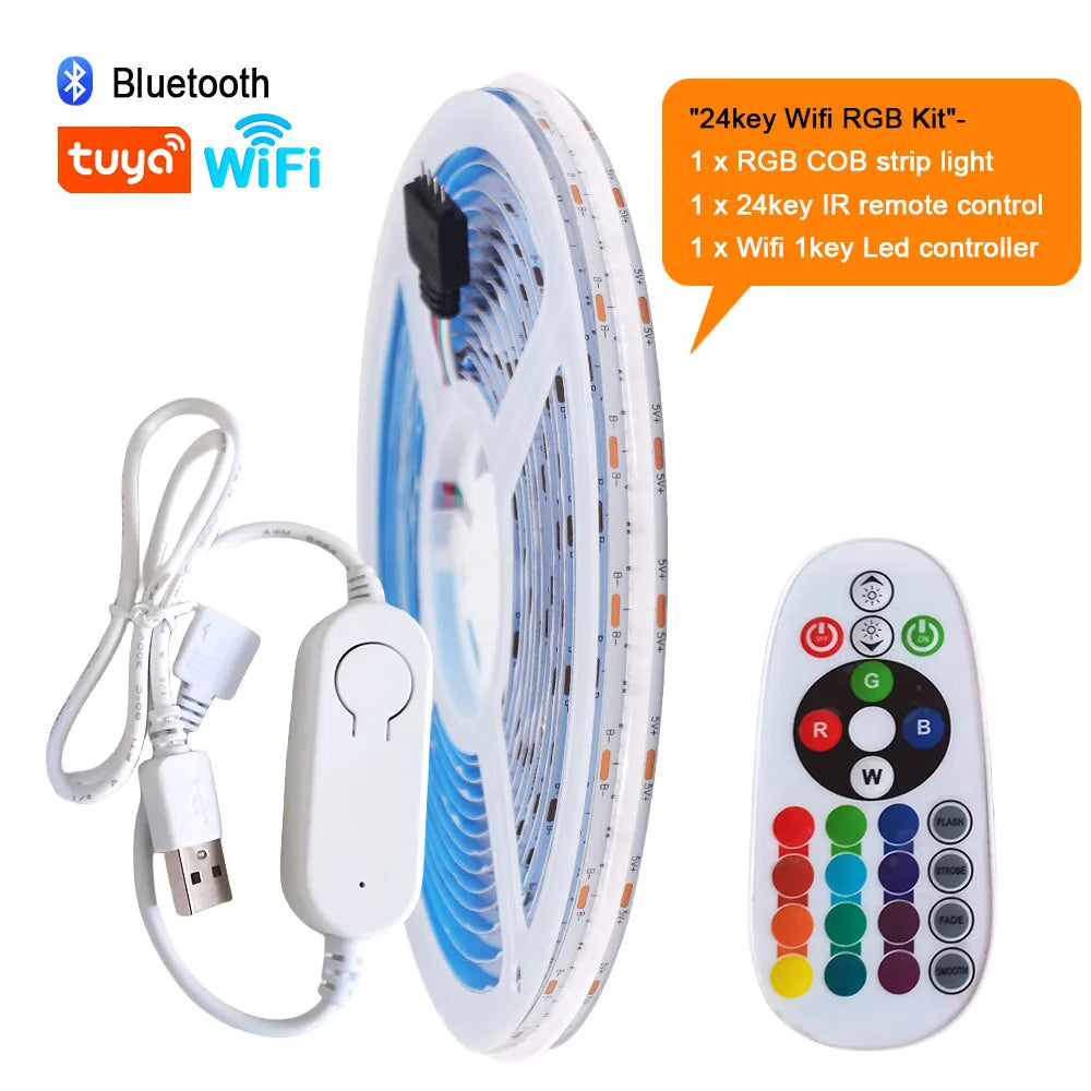 Wifi Bluetooth-compatible RGB COB LED Strip Light 5V 24key 44key Kit Remote Control 576LED High Density Linear Lights Flex Tape