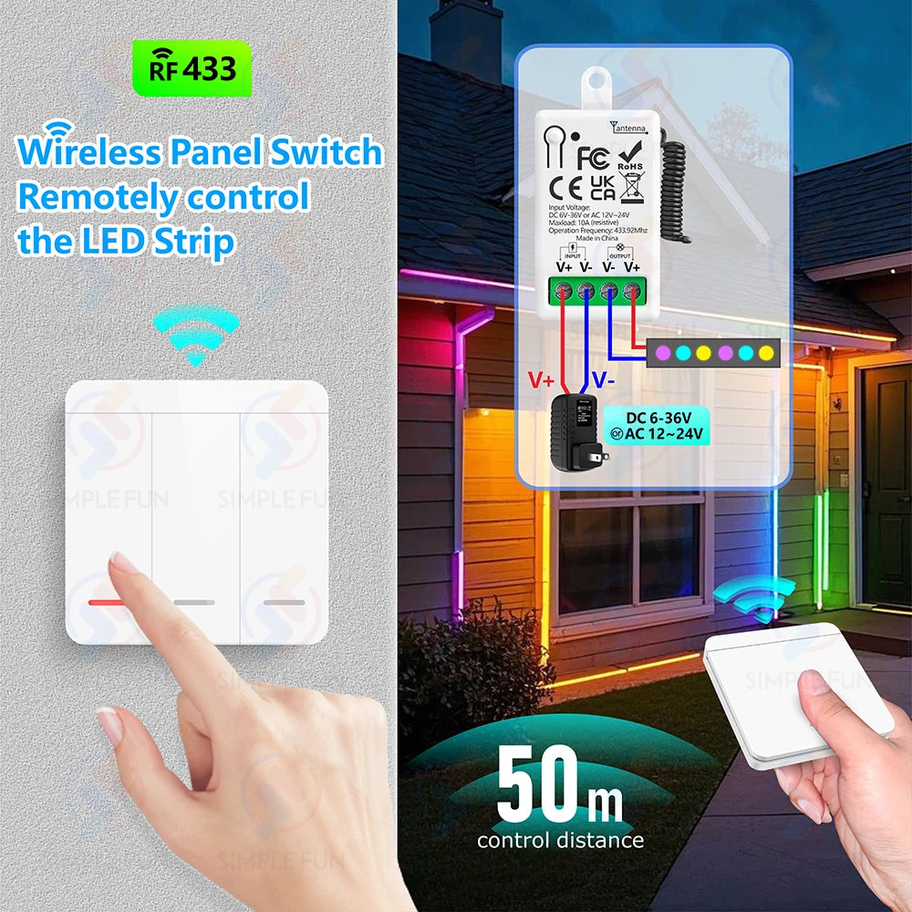 433Mhz Wireless Remote Control Light Switch DC 6V 12V 24V 30V 36V 10A Relay Receiver 500m Range,for LED Pumps Fan Magnetic Lock