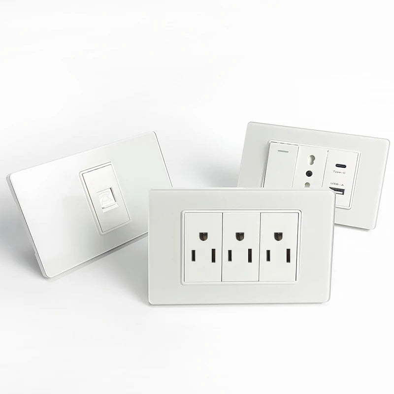 DIY Modular Tempered Glass Wall Plate2x4inch NEMA 5-15R Duplex Outlet US EU Italy Chile Interchangeable Electrical Socket Module