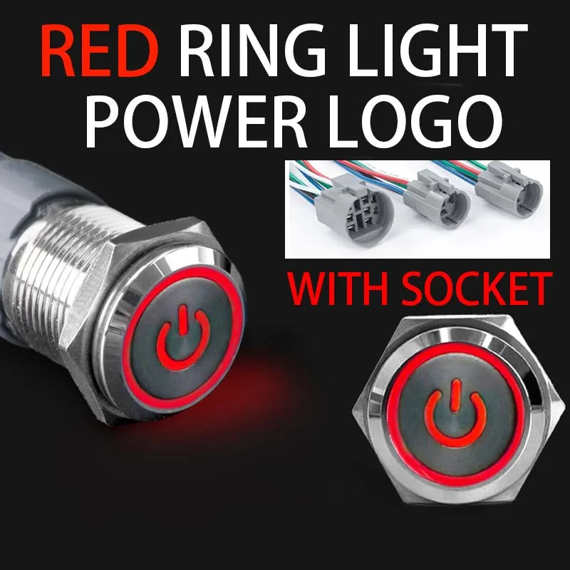 16 19 22mm With Wire Waterproof Metal Push Button Switch LED Ring/Power Light Momentary Latching 5/12/24/220V silver1NO1NC