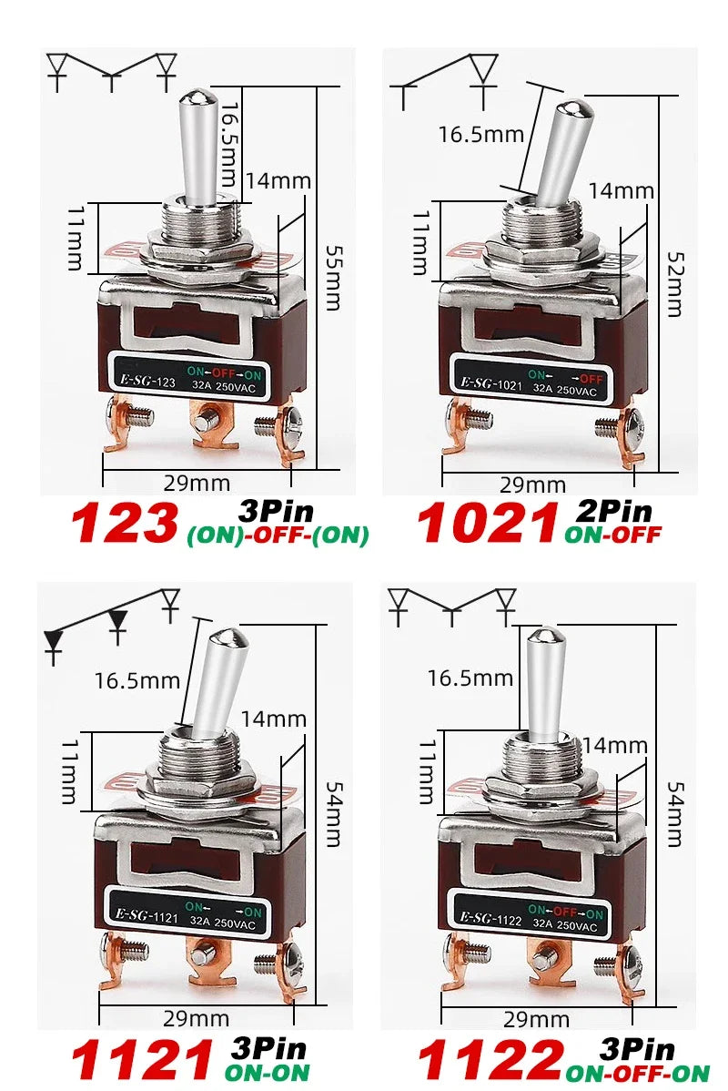 Copper Pin High Current Toggle Switch 2/3/4/6/8/9/12Pin Self Locking Rocker Switch E-SG-1321/1322/1021/1121/123/223