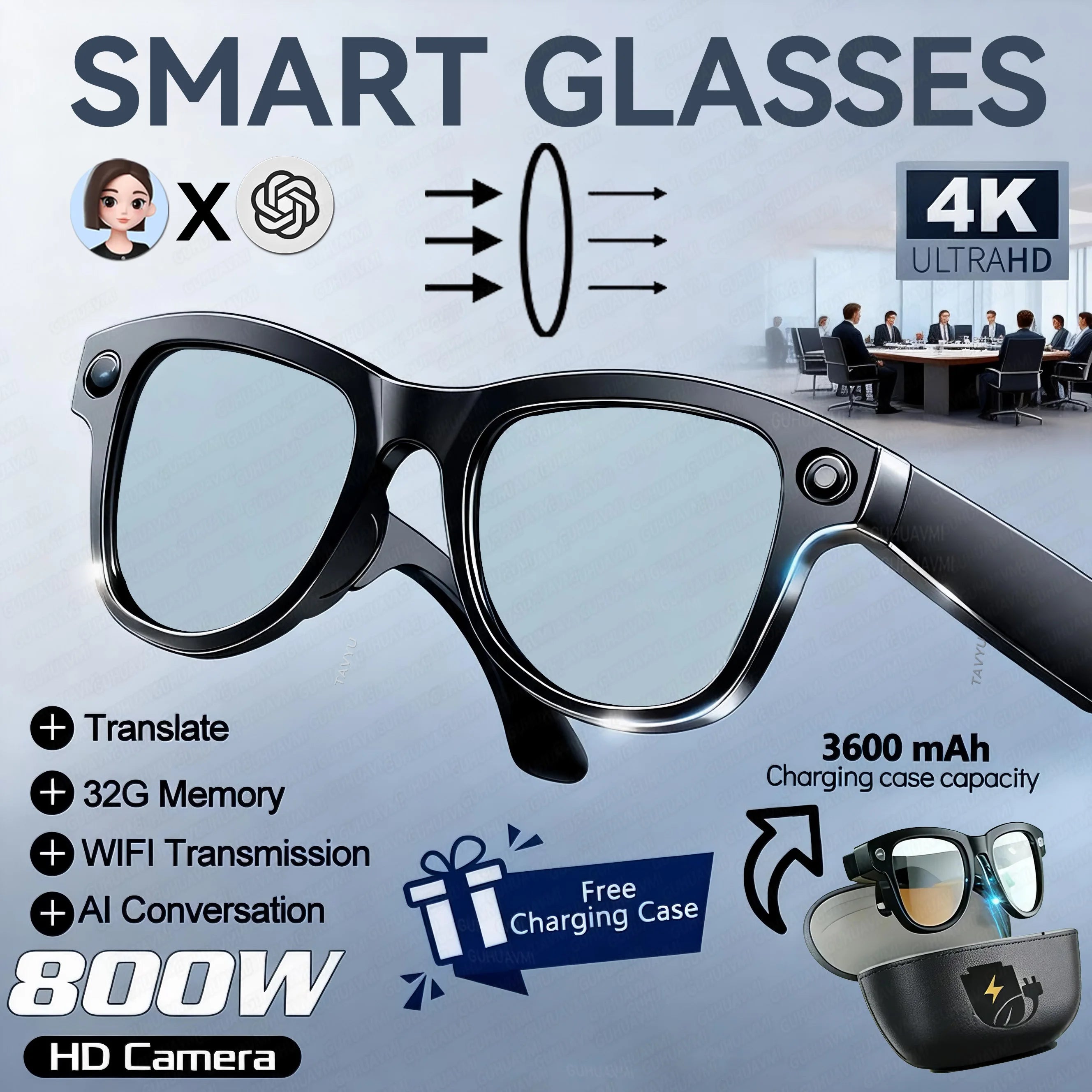 2026 New 32G Memory 800W 4K Camera Smart Glasses Men Photos&Videos 3600mAh Power Bank 120+Languages Translation AI Glasses Women