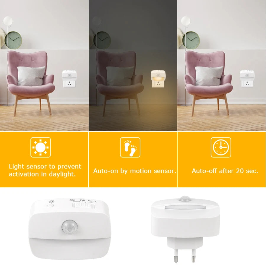 Motion Sensor LED Night Light EU/US Plug in Socket 3 Modes Night Lamp For Room Kitchen Hallway Human Induction Emergency Lightin