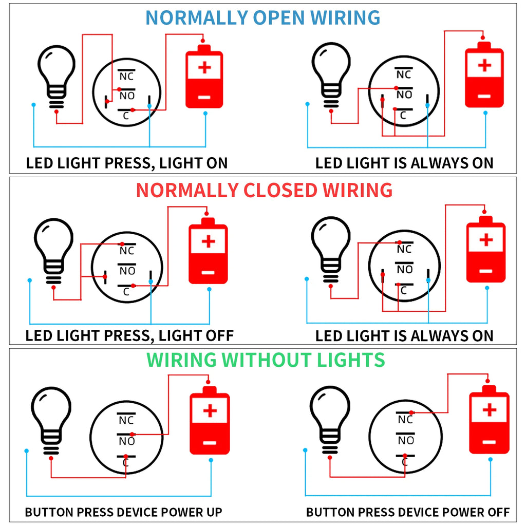16 19 22mm With Wire Waterproof Metal Push Button Switch LED Ring/Power Light Momentary Latching 5/12/24/220V silver1NO1NC