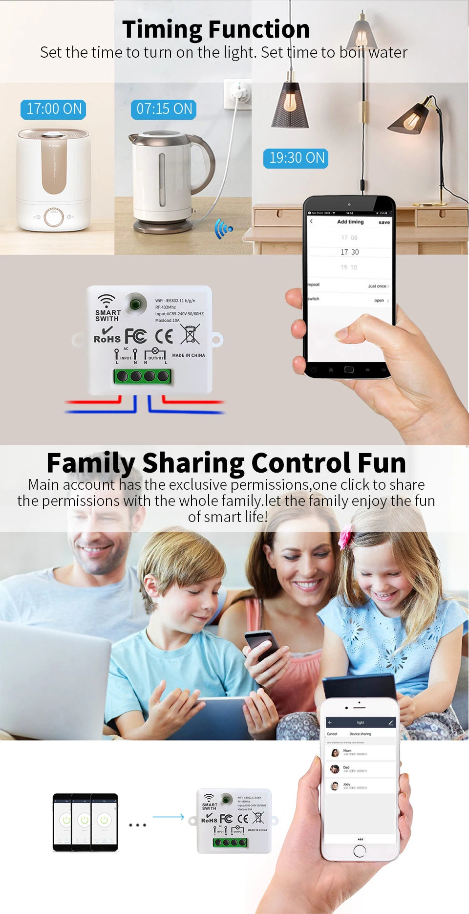 Tuya WiFi Wireless Switch 1/2/3 Gang RF433MHz Voice Control Compatible with Google Home Alexa No Wiring Required Timed Control