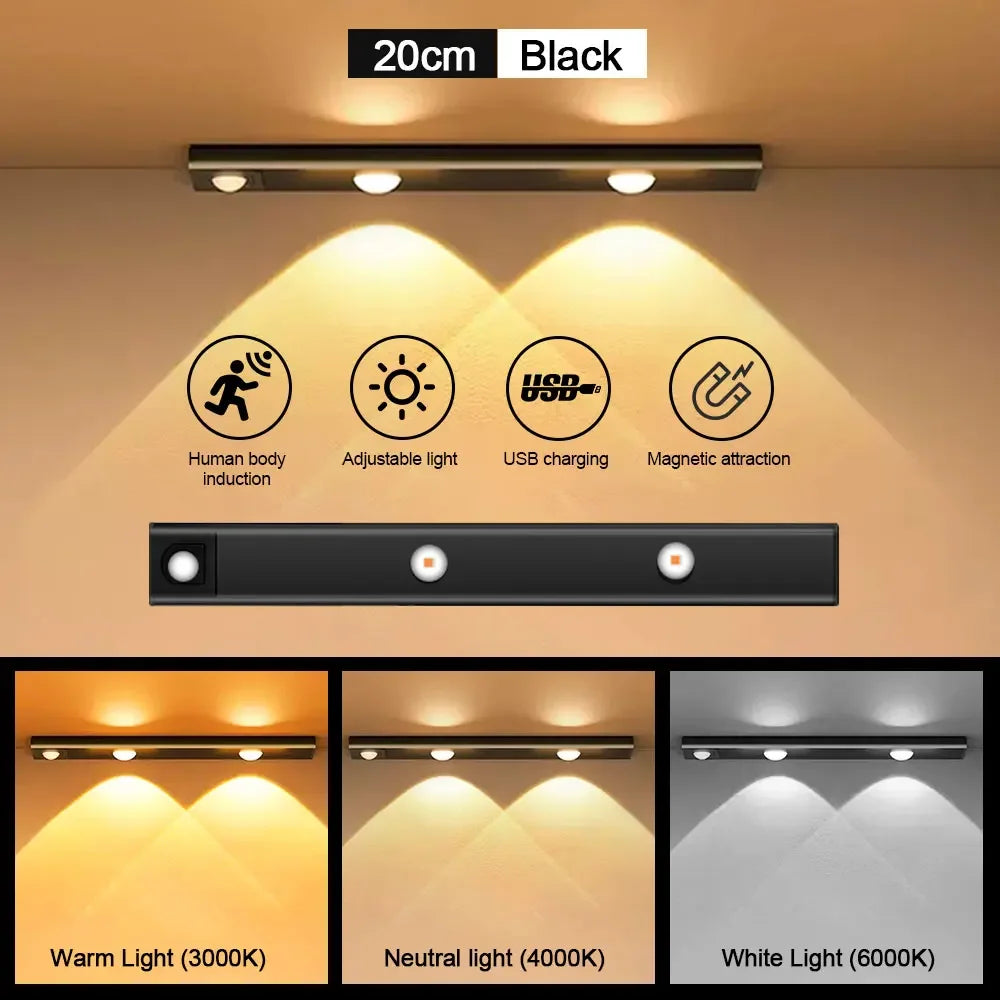 White/Black LED Cabinet Light USB Rechargeable Motion Sensor LED Light for Kitchen Wardrobe Cabinet Lighting 20CM/30CM/40CM/50CM