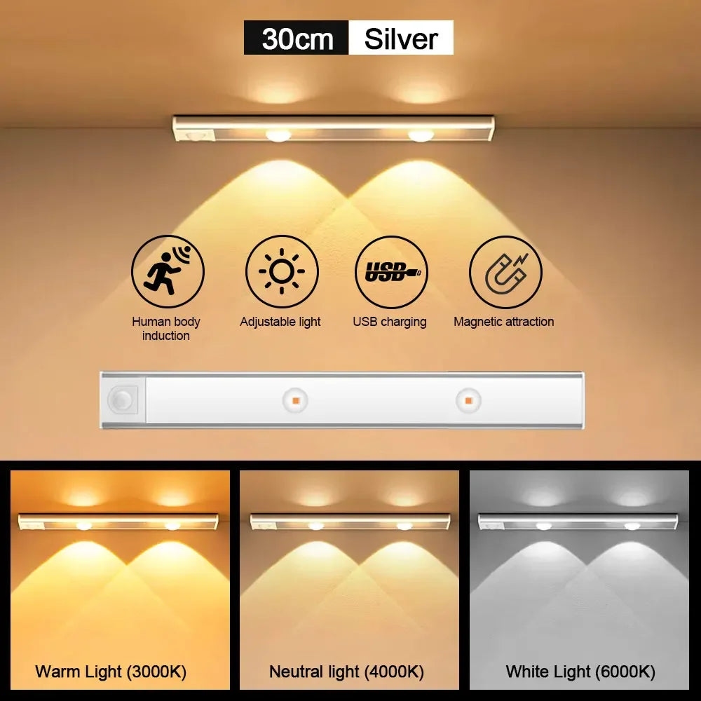 White/Black LED Cabinet Light USB Rechargeable Motion Sensor LED Light for Kitchen Wardrobe Cabinet Lighting 20CM/30CM/40CM/50CM
