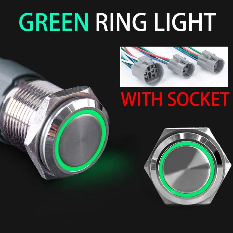 16 19 22mm With Wire Waterproof Metal Push Button Switch LED Ring/Power Light Momentary Latching 5/12/24/220V silver1NO1NC