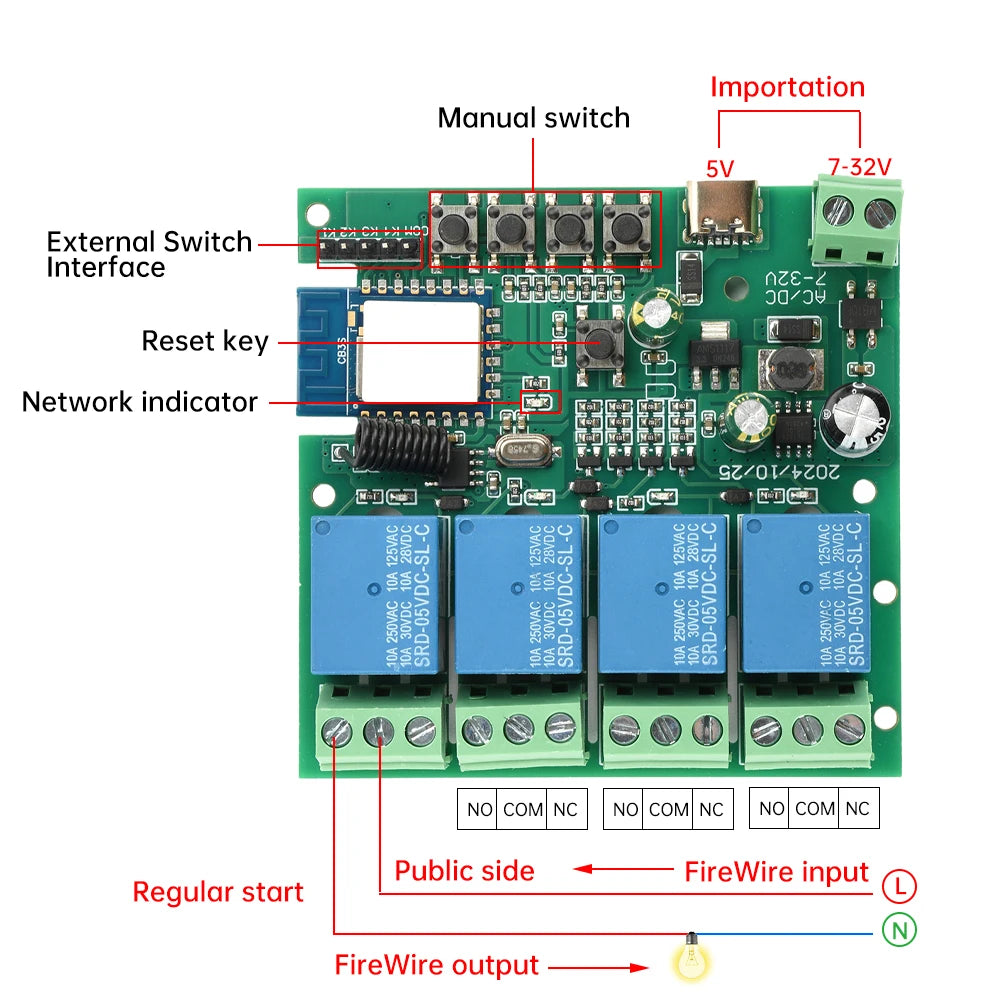 4CH Wifi Relay Smart Wireless Switch Module USB 5V DC/AC 7-32V RF 433MHz Smart Home Lifestyle Switch With Tuya