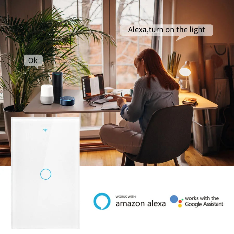 Smart Wifi Touch Switch Neutral Wire/No Neutral Wire Required US 1/2/3/4 Gang Light Switch Works with Tuya Smart Life App