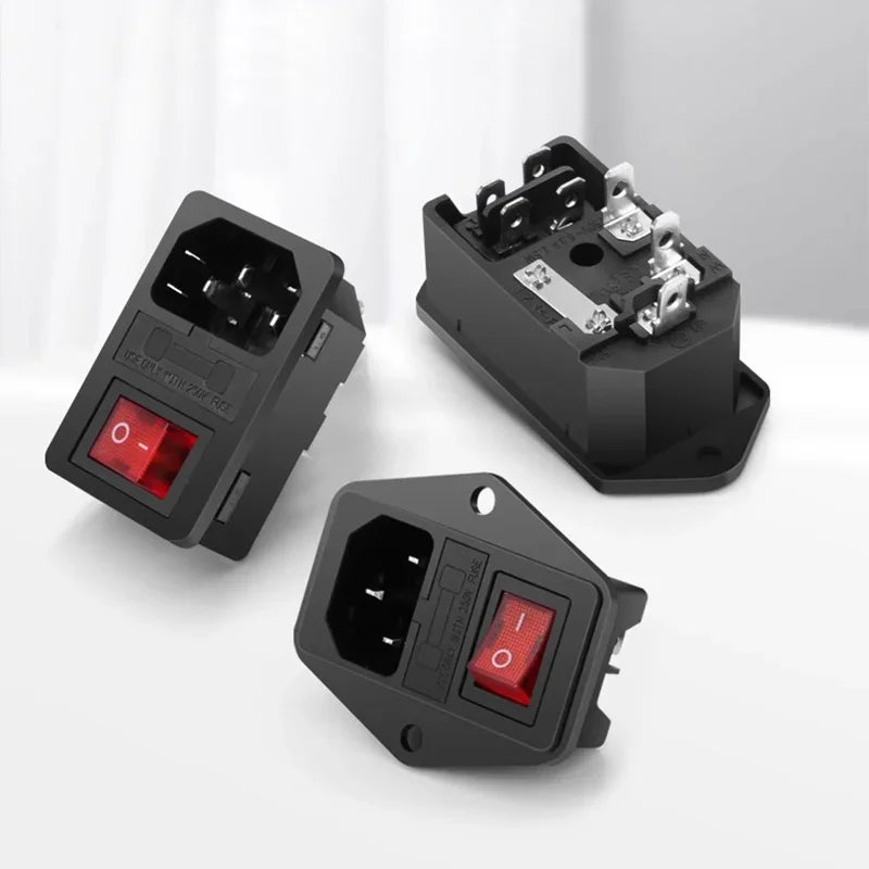 IEC 320 C13 C14 AC Inlet Power Plug Socket 250V 10A Fuse Red Lamp Rocker Switch Rewirable 3Pin Electrical Male Female Connector