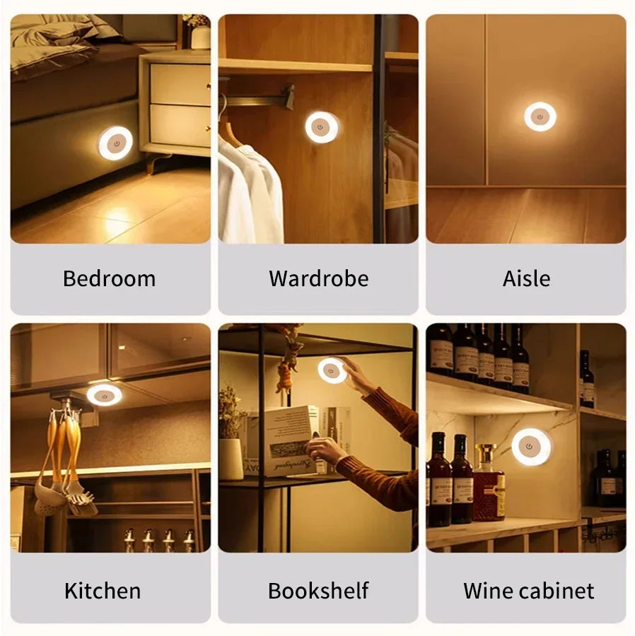 Round Led Wall Lamp Rechargeable Night Light with Touch Switch Dimmable Magnetic Book Light for Reading Bedroom Cabinet Closet