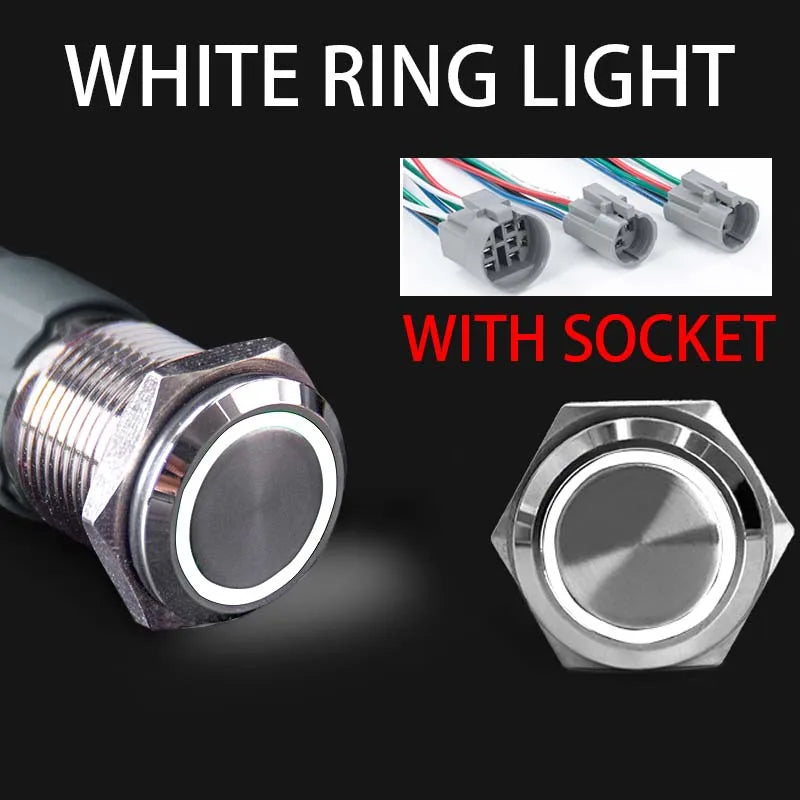 16 19 22mm With Wire Waterproof Metal Push Button Switch LED Ring/Power Light Momentary Latching 5/12/24/220V silver1NO1NC